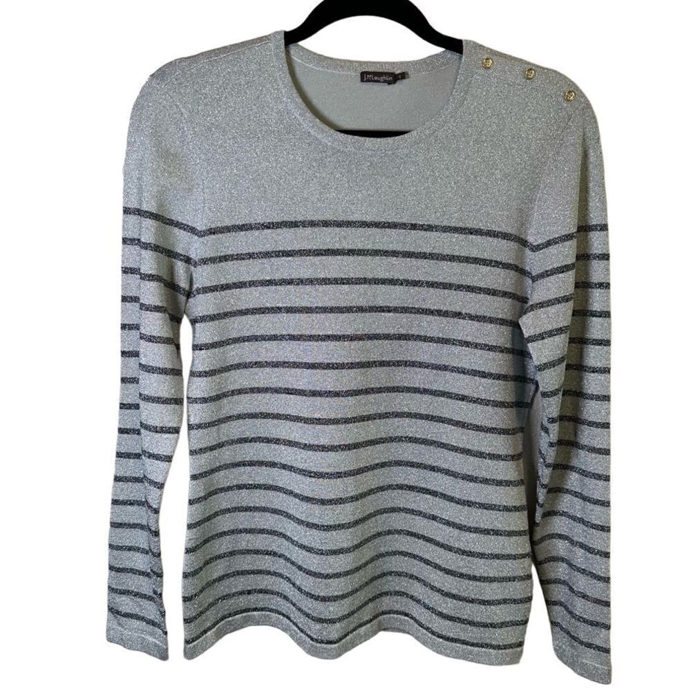 J. Mclaughlin- Silver & Black Metallic Striped Knit Stretch Button Collar Top, S